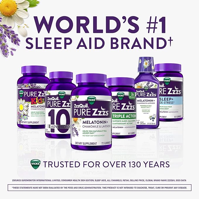 ZzzQuil PURE Zzzs De-Stress Melatonin Sleep Aid Gummies, Helps Calm Your Mind and Body, Ashwagandha for Stress Support, Sleep Aids for Adults, 1 mg per gummy, 42 Count