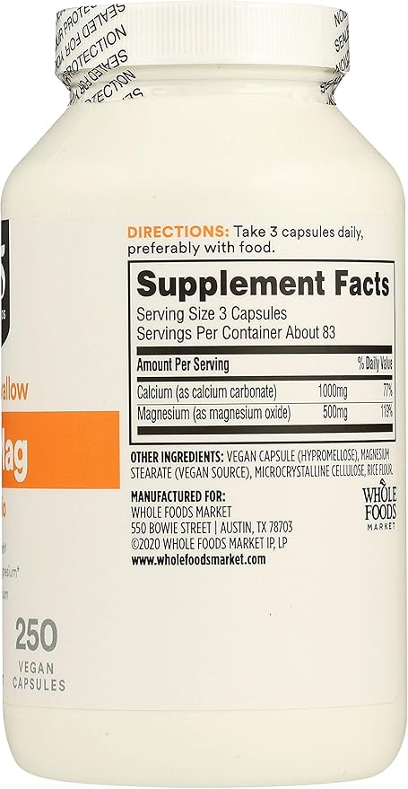 365 by Whole Foods Market, Calcium 1000Mg Magnesium 500Mg Easy Swallow, 250 Veg Capsules (Pack of 2)