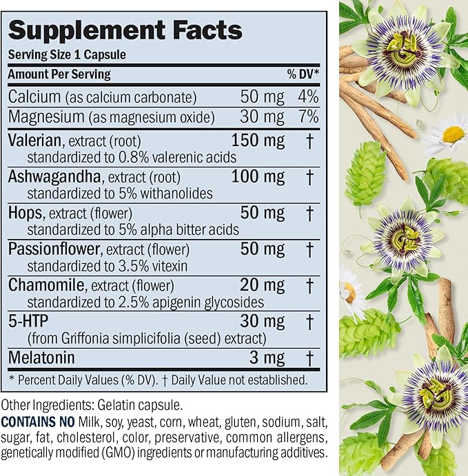 ANDREW LESSMAN Night Time 30 Capsules - 3mg Melatonin, Valerian, Ashwagandha, Passionflower, Hops, Chamomile. No Morning Hangover. Natural Support, Gentle Restful Sleep. Easy to Swallow Capsules