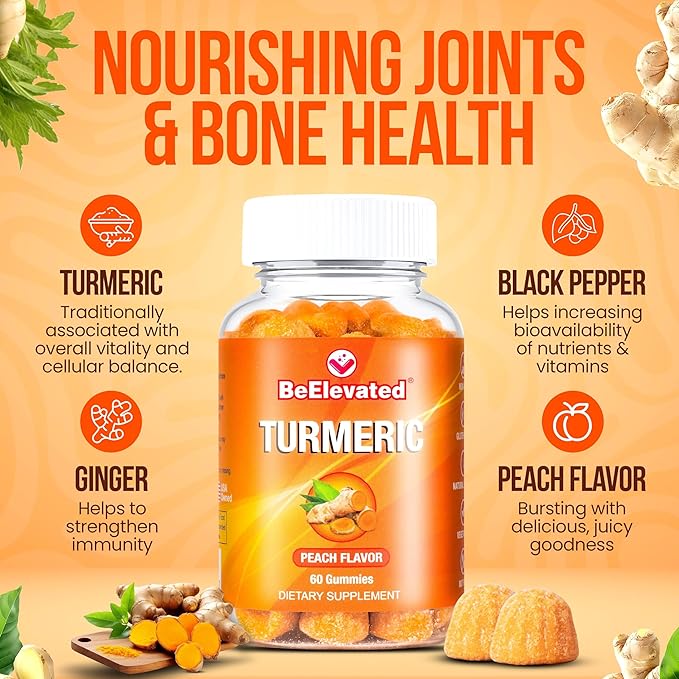 Curcumin Turmeric Gummies – Extra Strength 2000mg 8:1 Extract Turmeric Supplement Gummies with Black Pepper & Ginger – Vegan Non-GMO Joint Support Chewables – Peach Flavor - Pack of 2
