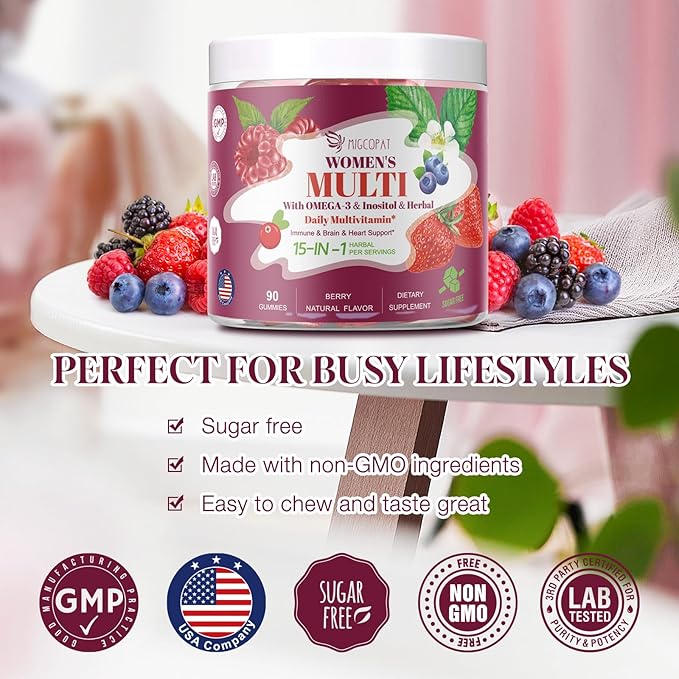 Sugar-Free Women’s Multivitamin Gummies, Packed with Inositol, Omega-3, Prebiotics, CoQ10 & Key Vitamins (A, C, D3, E, B12) – Supports Heart, Brain, Gut, Energy & Immune Health*