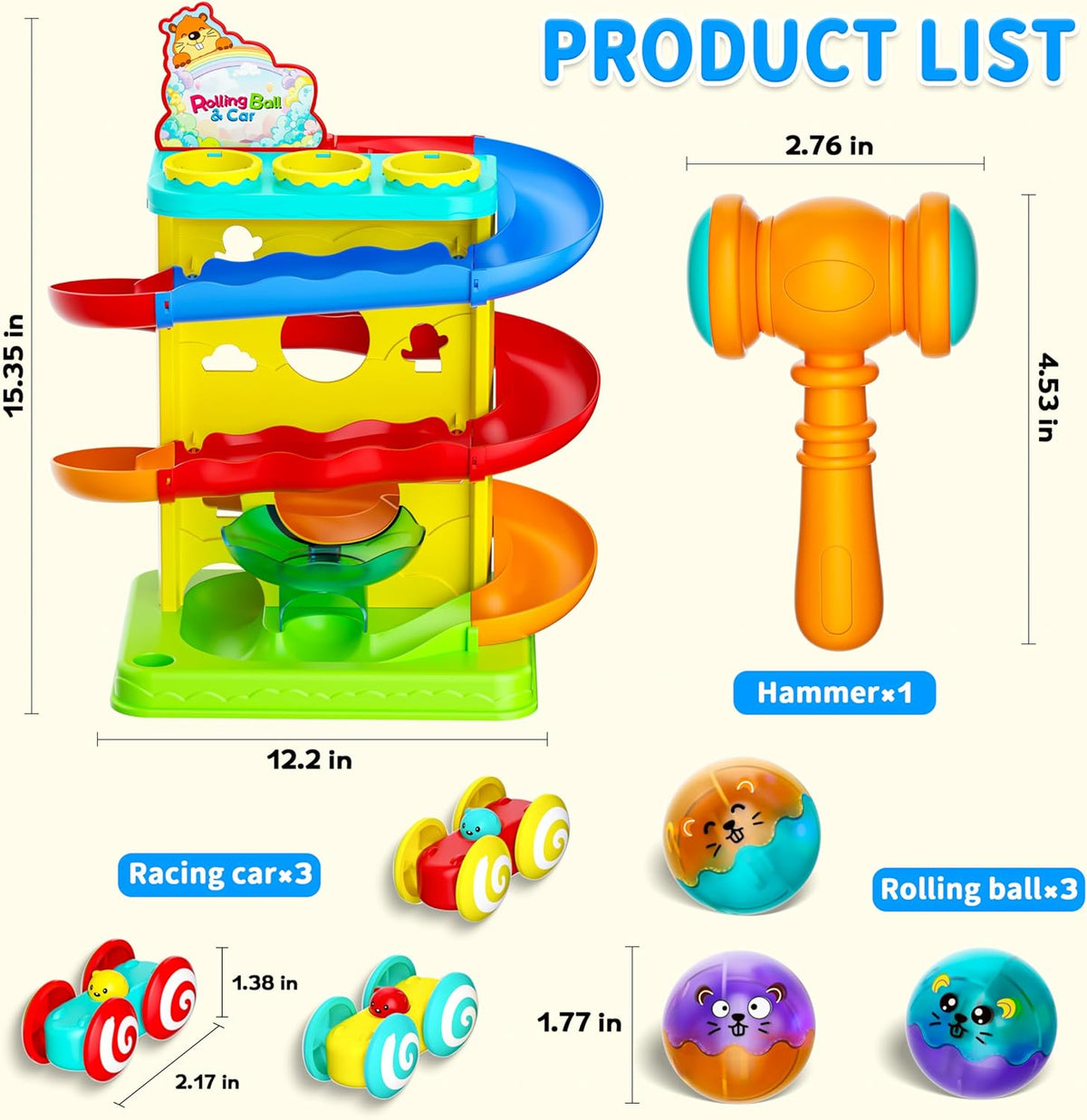 2-in-1 Light Up Rolling Ball & Racing Car Ramp Toddler Toy | Ball Drop Toy Race Track with Hammer, Interactive Montessori Learning Game & Kids 1-5+ Year Old Girl Boy Gift(Yellow)