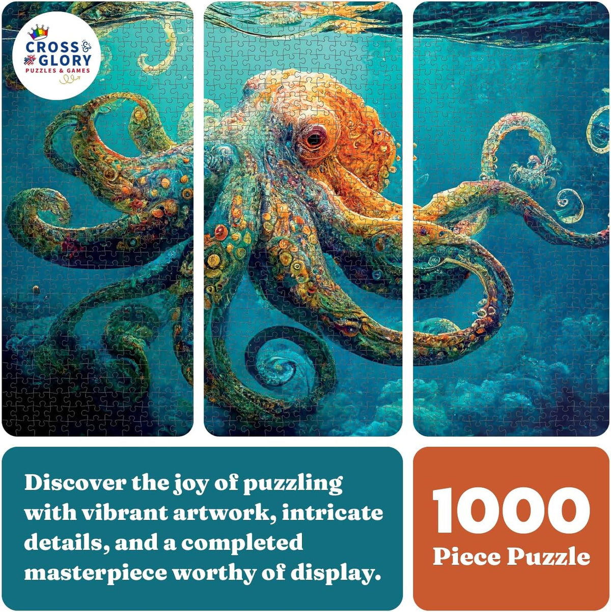 Cross & Glory | Jigsaw Puzzles 1000 Pieces for Adults | Deep Blue Octopus Odyssey | Ocean Octopus Puzzles for Adults | Challenging Brain Teaser Ocean Puzzle | 20 x 27 Inches