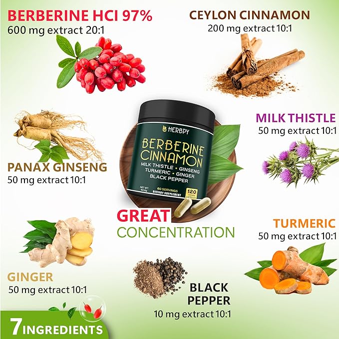 Bundle 7in1 Berberine HCl & 6in1 Dandelion Supplement - Support Immune, Digestion and Heart Health