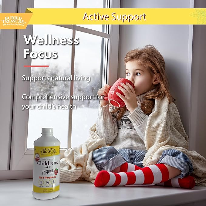 Buried Treasure Childrens ACF Advanced Immune Support, Cherry Flavor, 16oz w/Dose Cup, Immune Booster Supplement for Kids, Liquid Herbal Immunity Formula w/Vitamin C Elderberry Enchinacea Zinc