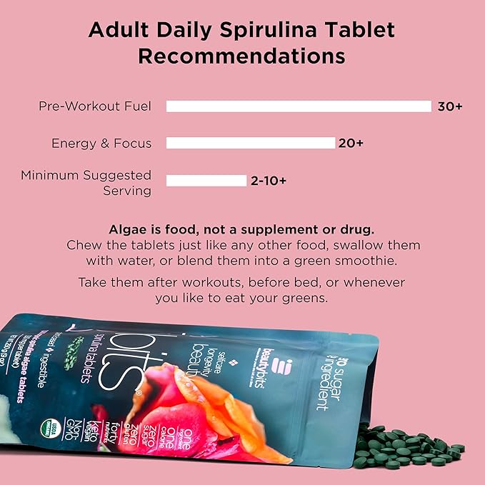 BEAUTYbits - Organic Spirulina Tablets - Algae Superfood - Collagen, Protein, Chlorophyll - Hair, Nails, & Skin Care - Vegan, Keto, Gluten Free - Self Care - Skincare Beauty - 30 Bags, 900 Tablets