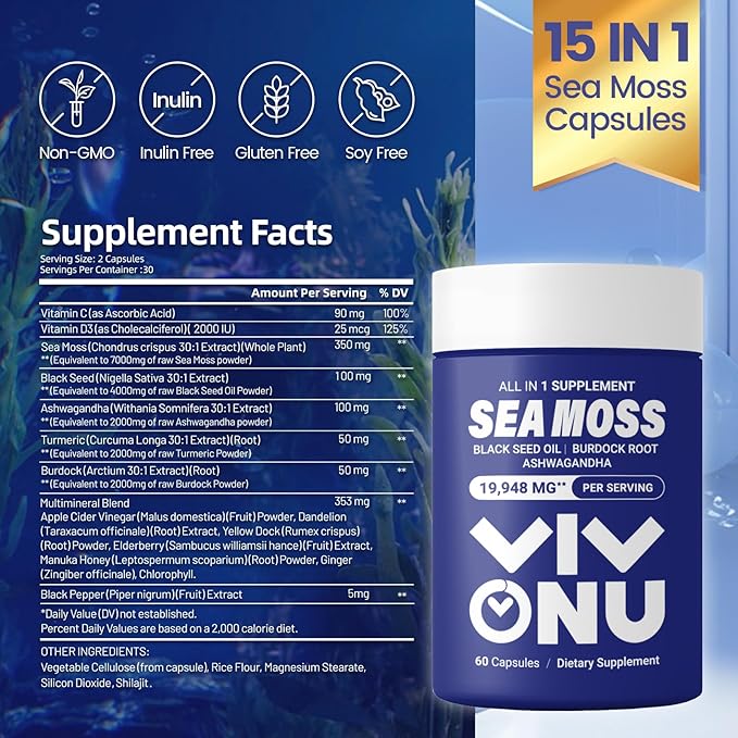 Sea Moss Black Seed Oil Ashwagandha Shilajit Ginger-Sea Moss Capsules withBurdock Turmeric Vitamins C & D3 Elderberry Ginger ACV Manuka Dandelion-Immune System,Skin,Energy Support