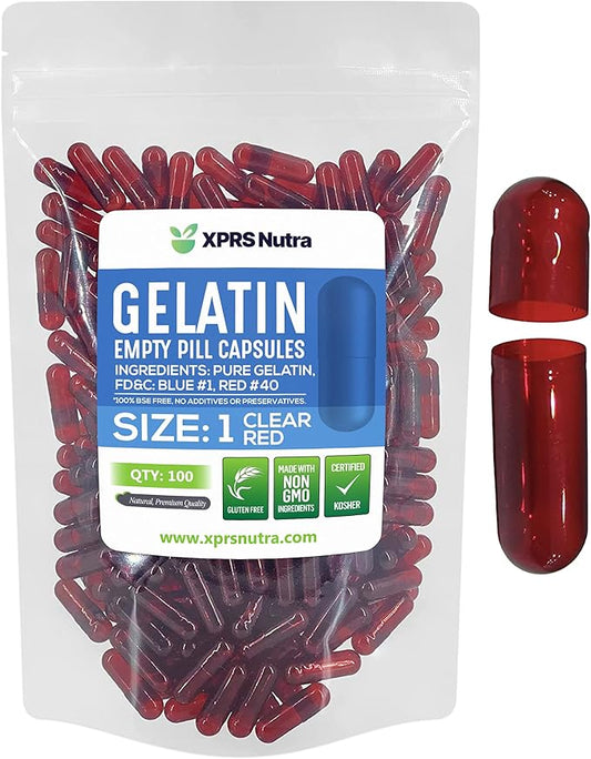 XPRS Nutra Size 1 Empty Capsules - 100 Count Colored Empty Gelatin Capsules - Pill DIY Supplement Capsule Filling - Fillable Color Gel Caps Pills for Do-It-Yourself Supplements (Clear Red)