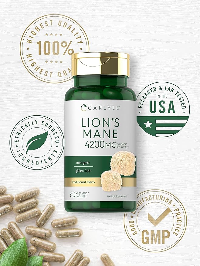 Carlyle Lions Mane Supplement Capsules | 4200mg | 60 Count | Vegetarian, Non-GMO & Gluten Free