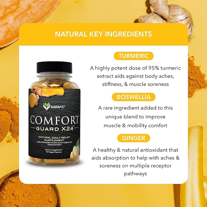 KaraMD Comfort Guard X24 | Joint & Movement Support Supplement | Turmeric Curcumin, Boswellia & Ginger | Ease Muscle Discomfort & Joint Stiffness | Non-GMO, Gluten Free & Vegan Friendly (90 Servings)