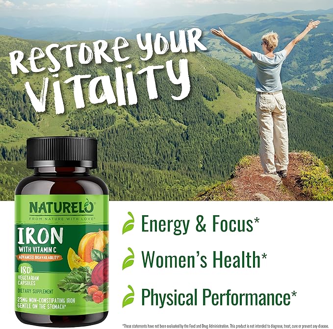 NATURELO Vegan Iron Supplement with Vitamin C and Organic Whole Foods - Gentle Iron Pills for Women & Men with Iron Deficiency Including Pregnancy, Anemia and Vegan Diets - 180 Mini Capsules