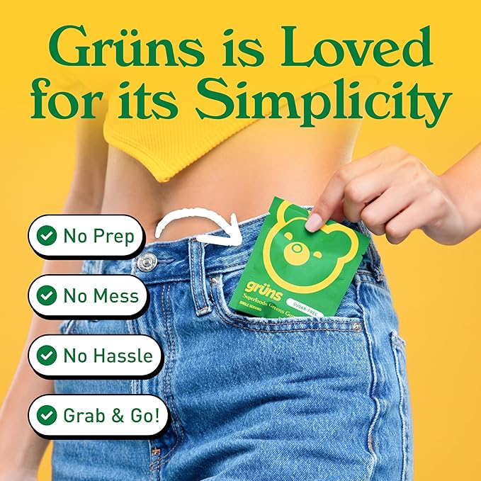 Gruns Adults Super Greens Gummies, Superfood Gummy Bears with Spirulina, Chlorella, Prebiotics & Fiber for Digestive Health, Adaptogens Supplement with 20 Vitamins & Minerals, Low Sugar, 28 Packets
