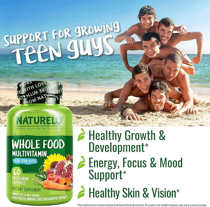 NATURELO Teen Multivitamin - Whole Food Multivitamin for Teenage Boys - Minerals Supplement for Active Kids - with Plant Extracts - Non-GMO - Vegan & Vegetarian - 60 Capsules