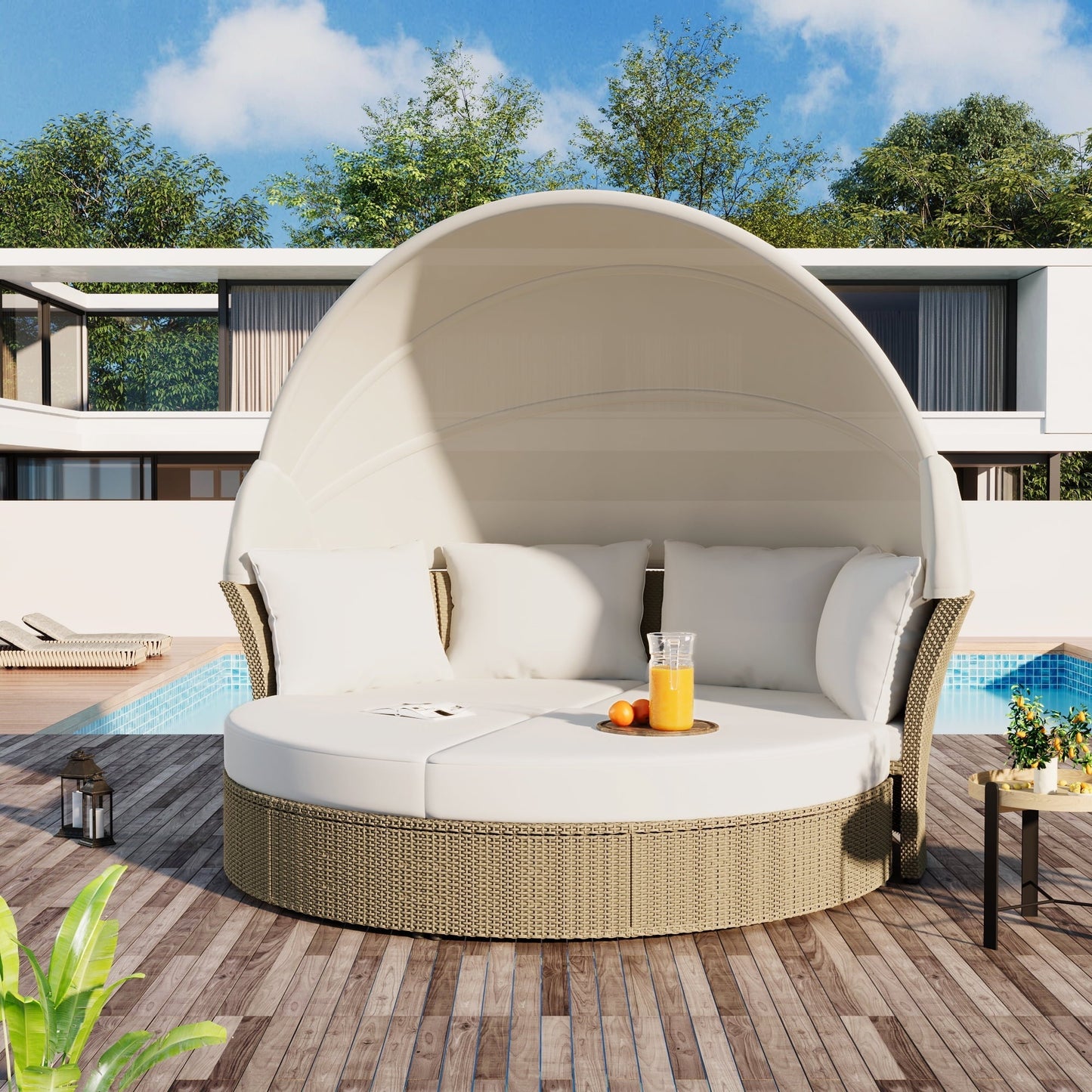 Convertible Outdoor Patio Daybed with Retractable Canopy and Cushions, Rattan Wicker Loveseat Sofa