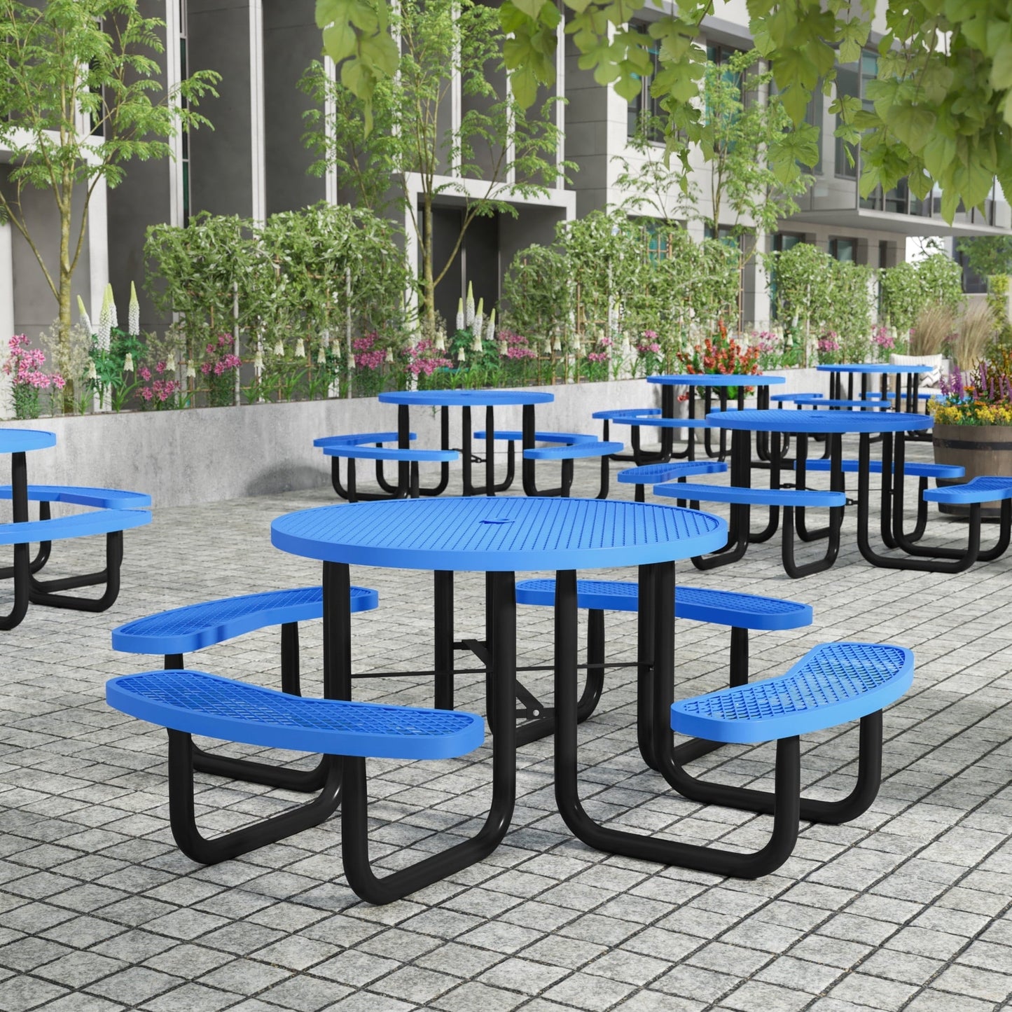 Flash Furniture 46" Round Outdoor Picnic Table with Commercial Heavy Gauge Expanded Metal Mesh Seats and Top with Umbrella Hole and Ground Anchors, Blue