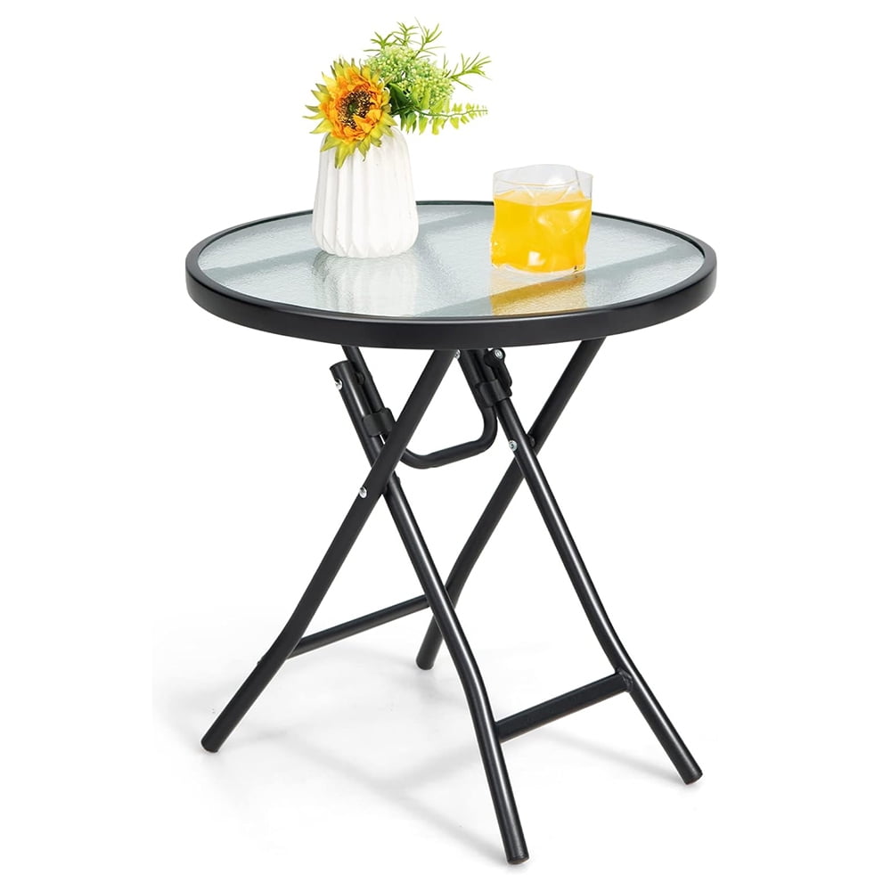 Outdoor Side Table, Folding Small Patio Table, Round Outdoor End Table with Tempered Glass Tabletop, Steel Frame, Footpads for Yard, Lawn, Balcony, Garden, Poolside