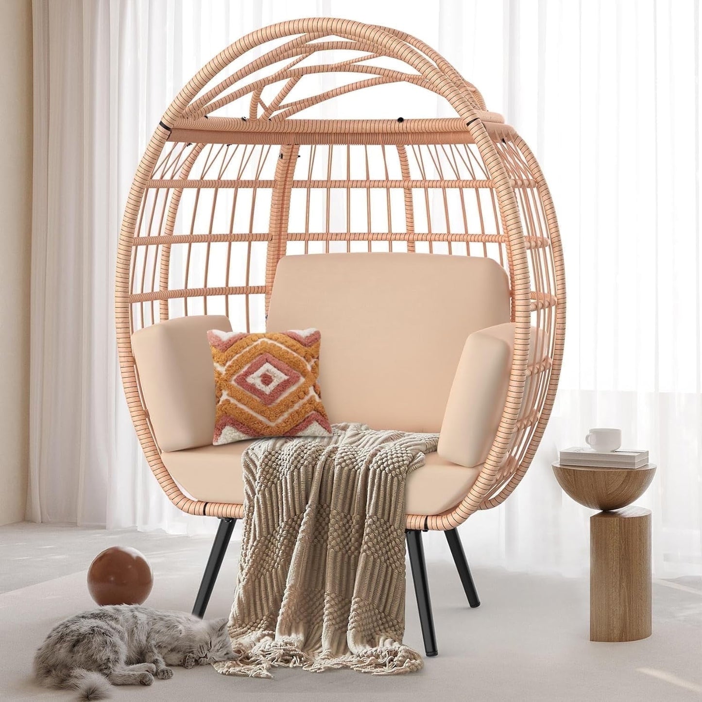 PNKKODW Wicker Standing Egg Chair w/ UV Cushions & Storage Bag, 370lb Capacity, Boho Egg Lounger for Indoor/Outdoor, Brown-Brown