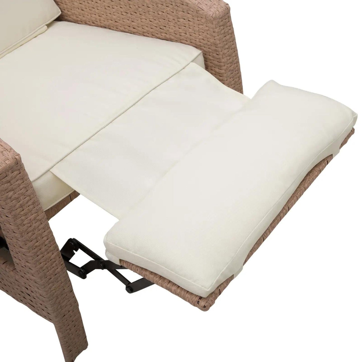 Resenkos Patio Recliner, Outdoor Reclining Chair with Flip-Up Side Table, All-Weather Wicker Metal Frame Chaise with Footrest, Cushions, Beige