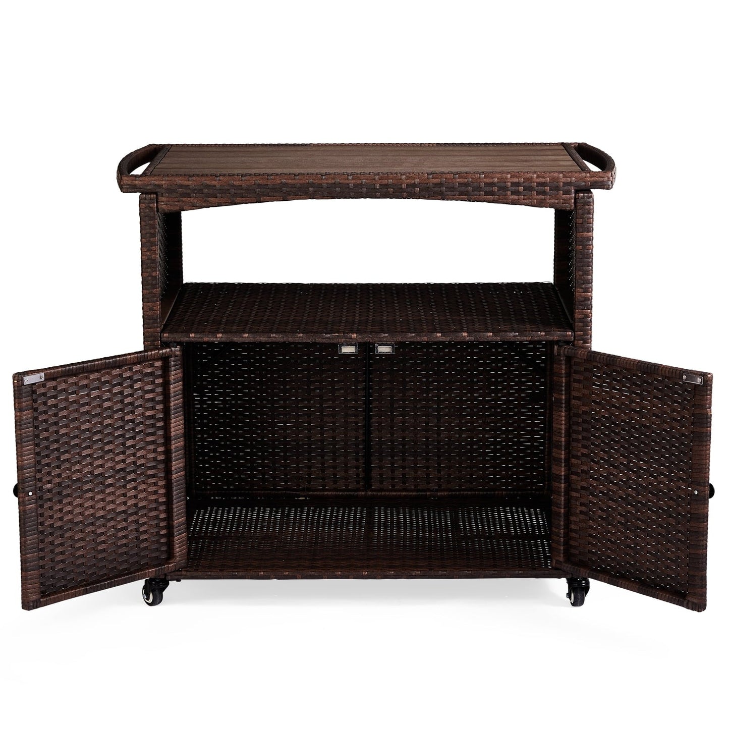 HiiKaa Outdoor Bar Cart with Storage Cabinet,Patio Wicker Sideboard Buffet Cabinet Prep Table,Kitchen Serving Cart with Rolling Wheels,Handle,Rattan Portable Bar Table with Shelves Doors Brown